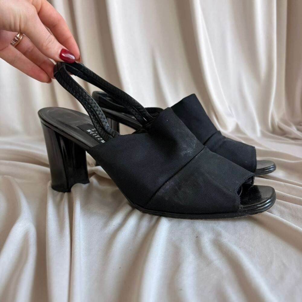 Stuart Weitzman Black Slingback Heels - Open Toe, Chunky Block Heel, Size 10